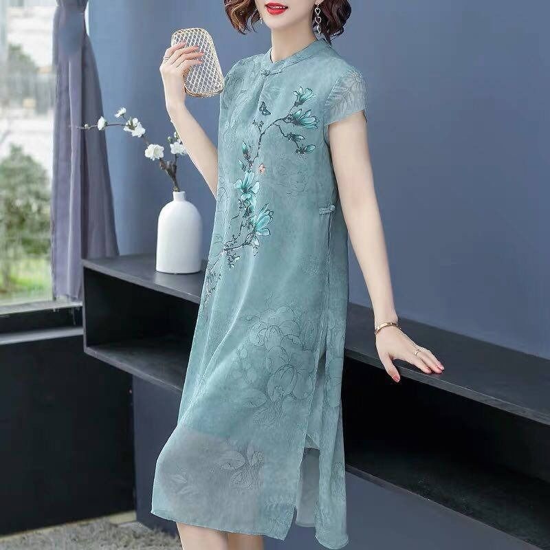 Plus-Size Ethnic-Style Cheongsam Dress for Noble Ladies, Fashionable and Elegant, Loose-Fitting, Slimming, Extra-Large Chiffon Dress