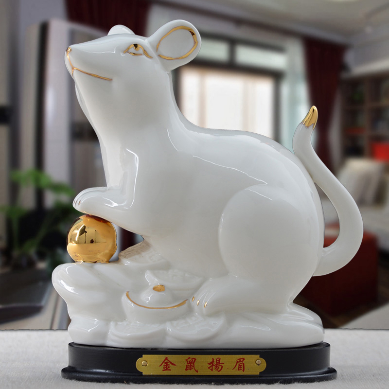 Ceramic 12 Zodiac Rat Figurine for Wealth and Home Protection, White with Gold Detail, Feng Shui Rat Ornament, Home Decoration