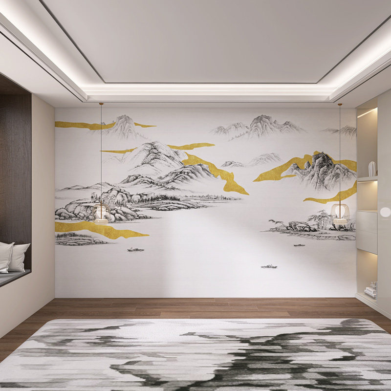Фоновая стена 定制新中式鎏金山水墙板现代客厅电视沙发碳晶板茶室办公室防撞板 Se Liya
