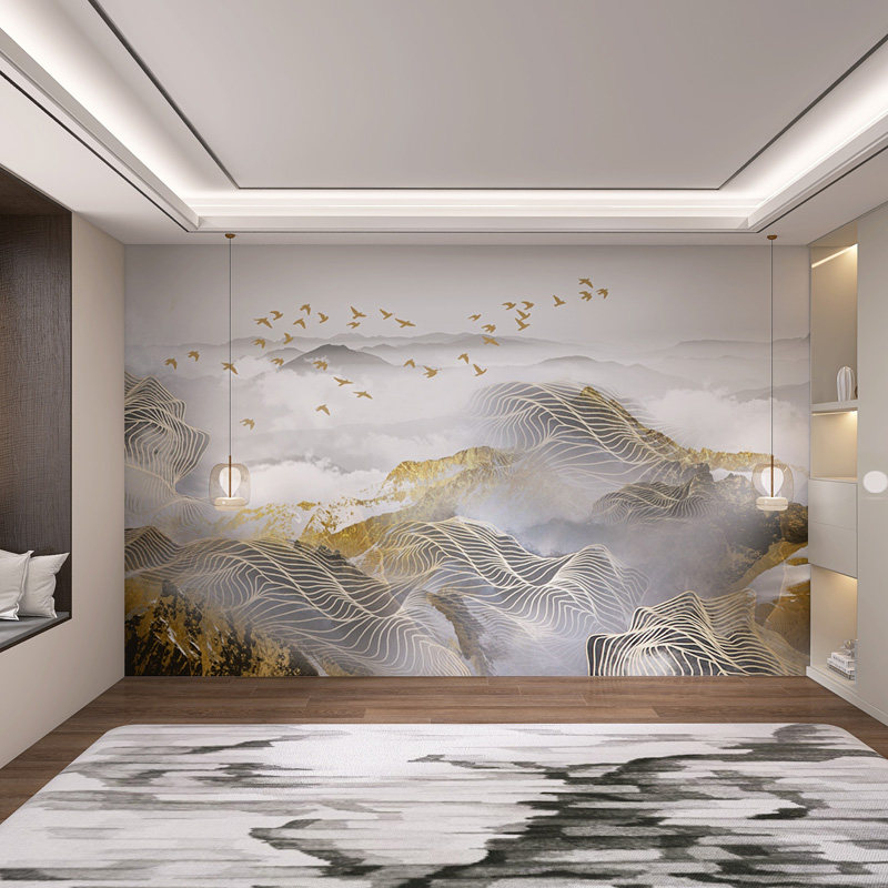 Фоновая стена 定制新中式鎏金山水墙板现代客厅电视沙发碳晶板茶室办公室防撞板 Se Liya