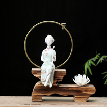 Boutique ceramic tea ceremony tea pet ornaments celadon classical character maids blowing and singing tea table Zen Chinese decoration
