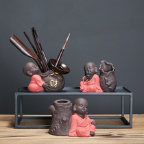 Tea ceremony six gentlemen ornaments Zen little monk multifunctional purple sand painted pottery combination set tea tray decoration