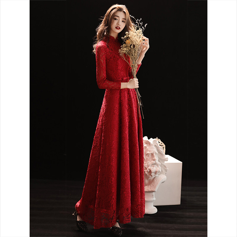 Toast clothing bride wine red 2023 new long wedding dress engagement dress stand collar lace long sleeve women