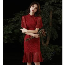 Fishtail Toast Bridal Qipao Wedding Wine Red Color Small Child Betrothed Evening Gown That Can Normally Be Worn Back Door Summer