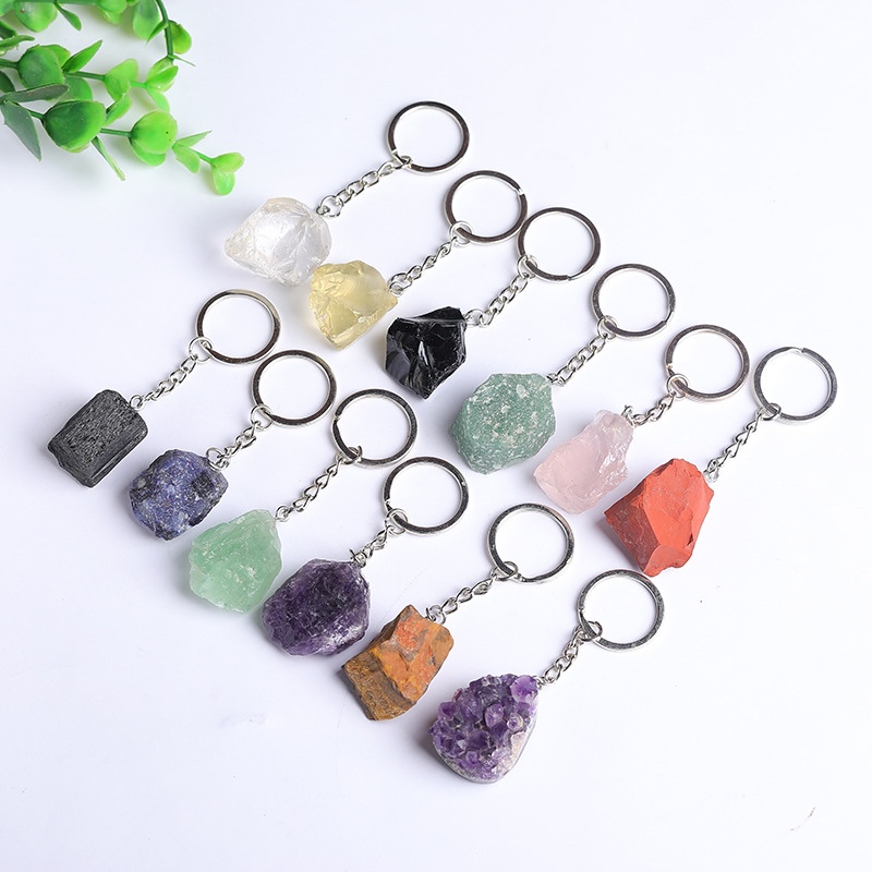 Cross-Border Hot-Selling Natural Crystal Raw Stone Keychain Purple Green Yellow Red Tiger Eye Black White Lapis Lazuli Aquatic Agate