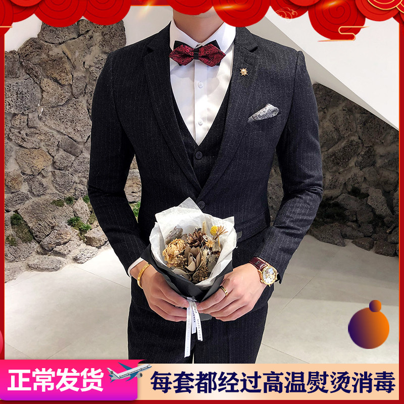 Casual British style suit slim men's suit suit suit three sets Korean groomsmen wedding dress handsome