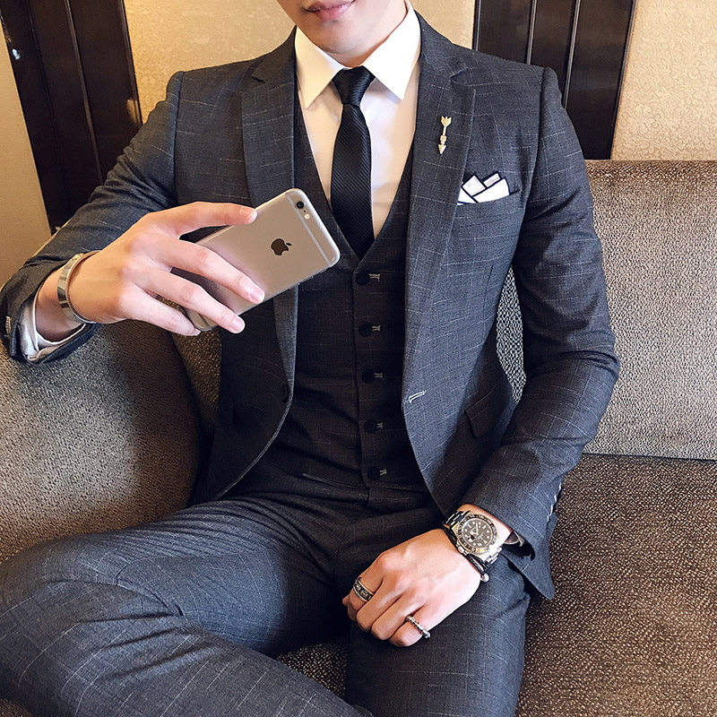 Suits Men's Three-piece British Slim Professional Business Dresses Korean Style Best Man Groom Wedding Dresses