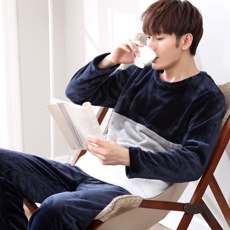 Middle-aged pajamas men's flannel autumn and winter thickened velvet coral velvet for the elderly dad home clothes set