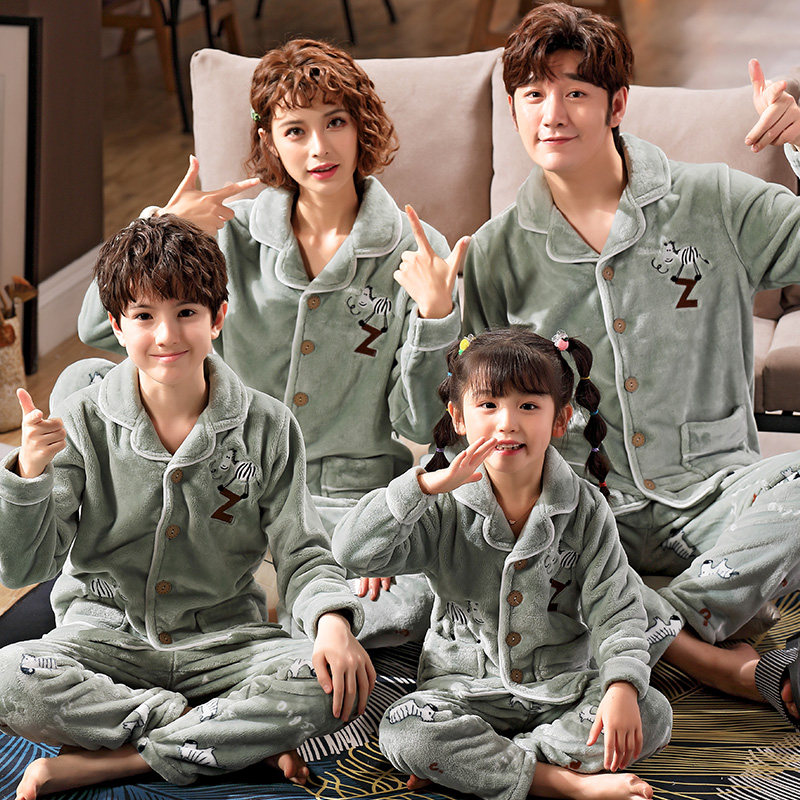 Autumn and winter pajamas women's parent-child mother and women's flannel children's plus velvet thick coral fleece men's homewear