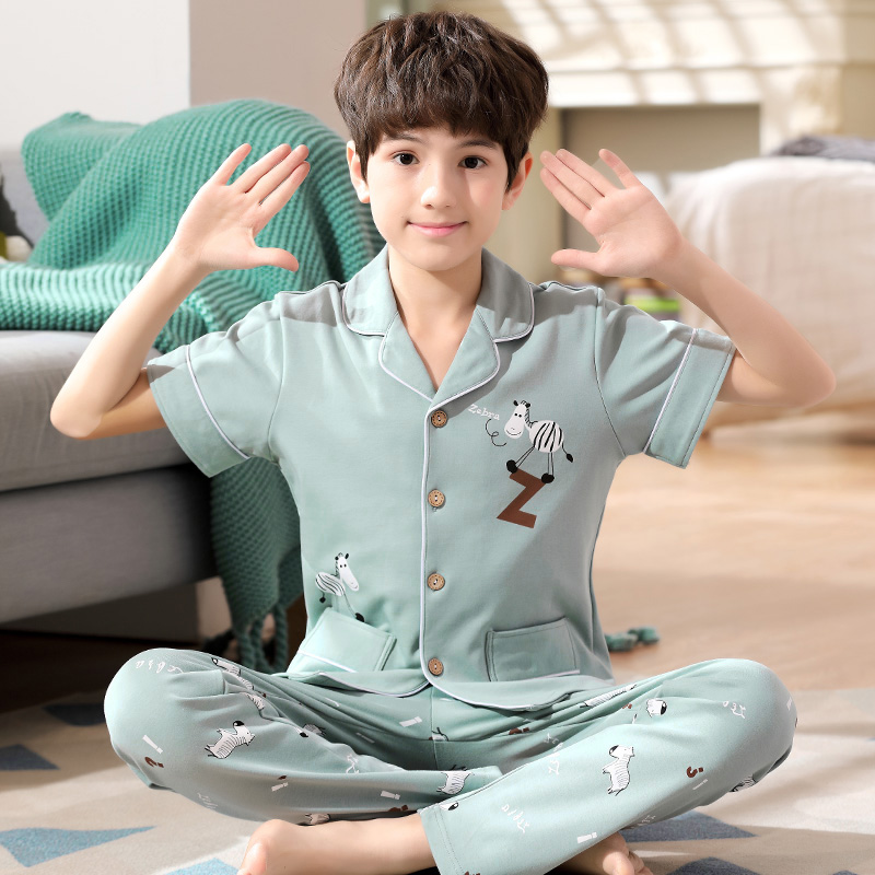 Teen Pyjamas Boy Summer Pure Cotton Thin Junior High School Student Short Sleeve Long Pants CUHK Boy Summer Home Clothes