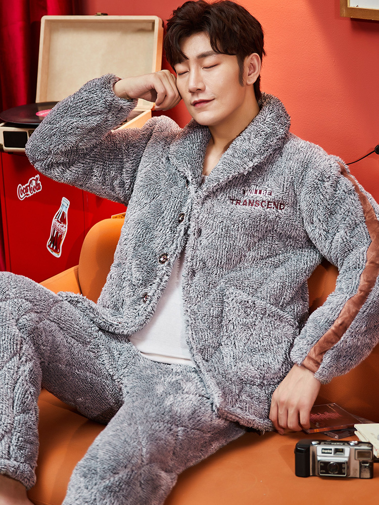 Teen pajamas for boys winter thickened warm coral velvet three-layer cotton autumn and winter junior high school students home clothes