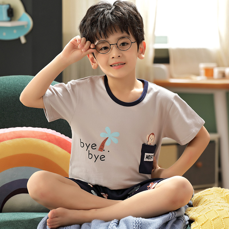 Summer Short Sleeves Pyjamas Boy Short Sleeve Cartoon Children Thin children's pure cotton 11 years old CUHK boy's home clothes boy
