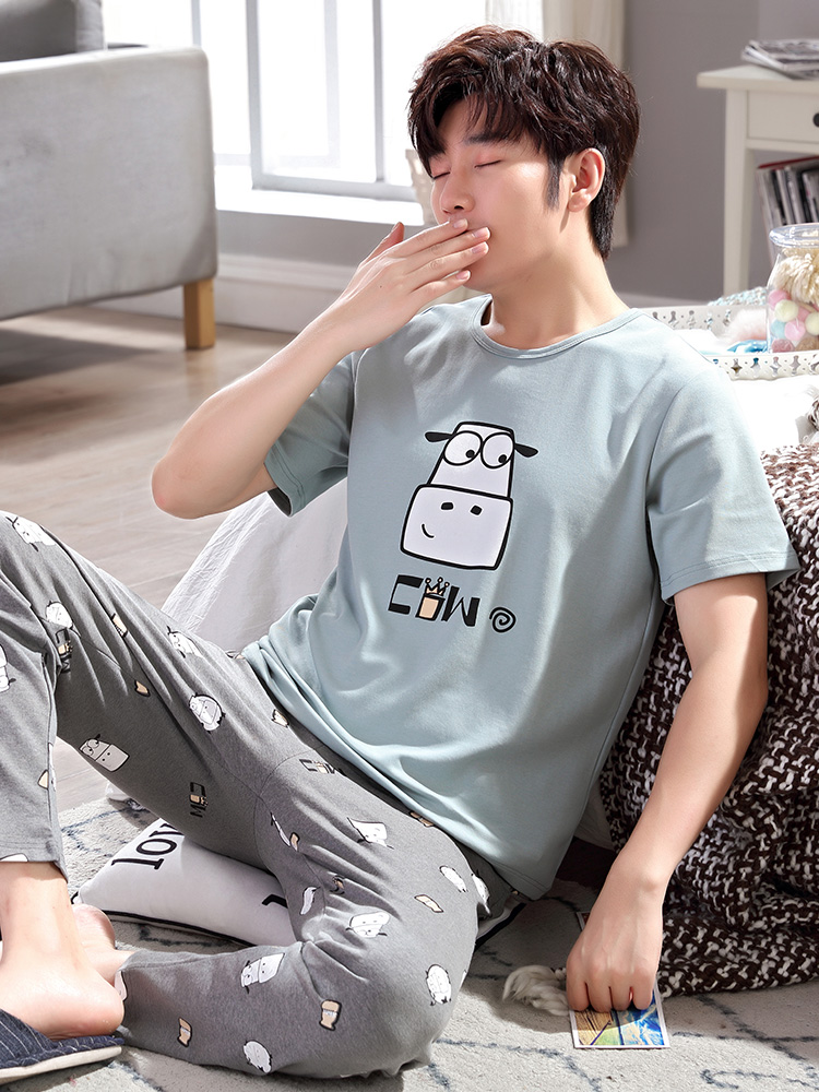 Summer teen pajamas for boys Junior high school students thin short-sleeved trousers Pure cotton children's summer home clothes for men