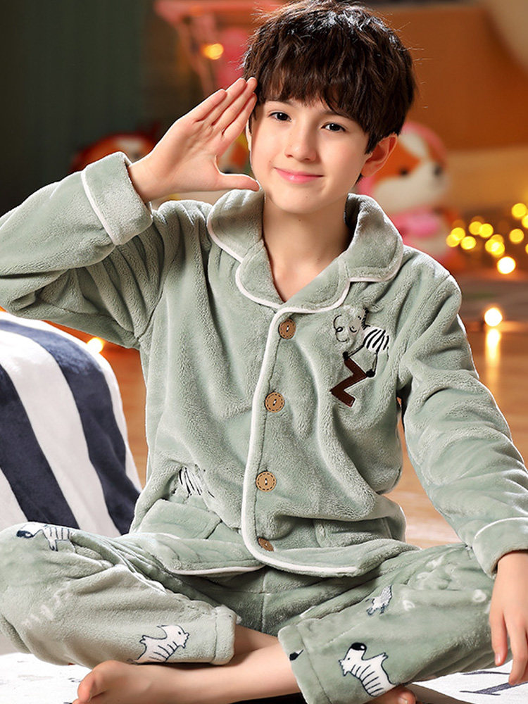 Winter pajamas for boys Coral velvet plus velvet thickened children's middle and large children's flannel boys autumn and winter children's suit