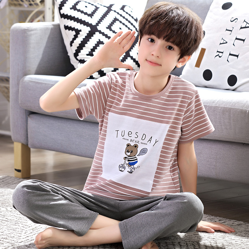 Youth pajamas boy summer cartoon thin section big kids cotton junior high school students short sleeve trousers home wear men
