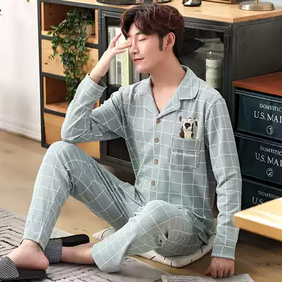 Men's pajamas Spring and Autumn long sleeve cotton youth junior high school students autumn and winter thin cotton High School home clothing