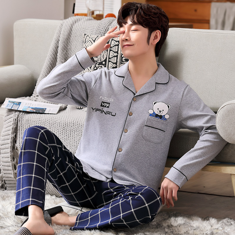 Spring Autumn Season Teen Sleepwear Men's Pure Cotton Long Sleeves Cartoon Extractable Junior High School Student Full Cotton Home Suit Suit