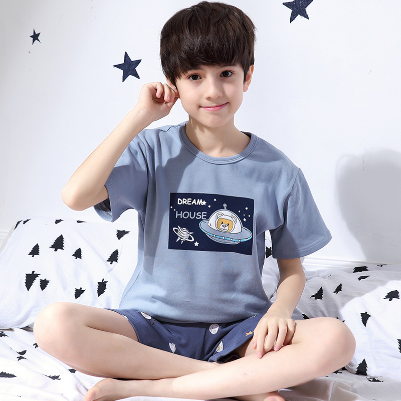 Child Sleepwear Boy Summer Cartoon Kid Short Sleeve Thin pure cotton Boy's home Big Child Summer Suit