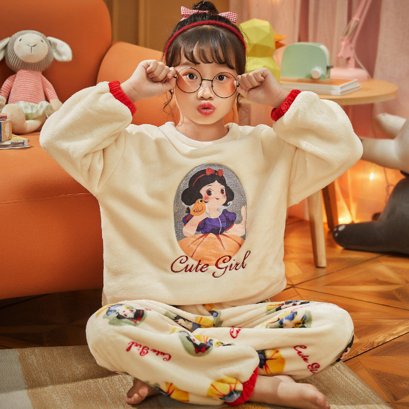Winter children's pajamas girls plus velvet thickened flannel children's autumn and winter girls' coral velvet suit