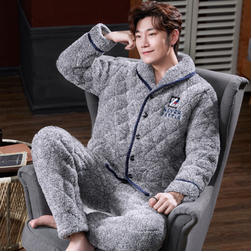 Men's pajamas winter plus velvet thickening autumn and winter coral fleece three-layer quilted youth 2022 boys home wear
