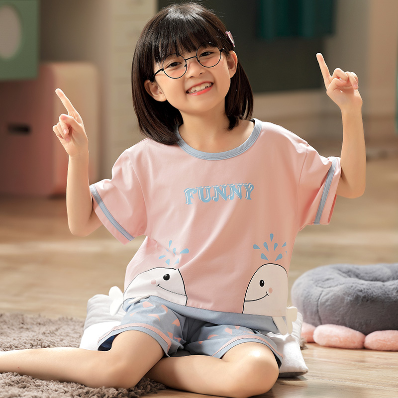 Children's pajamas Home clothes Girls Summer Thin Girl Pure Cotton Two-style Suit Summer Short Sleeve Big Boy Students