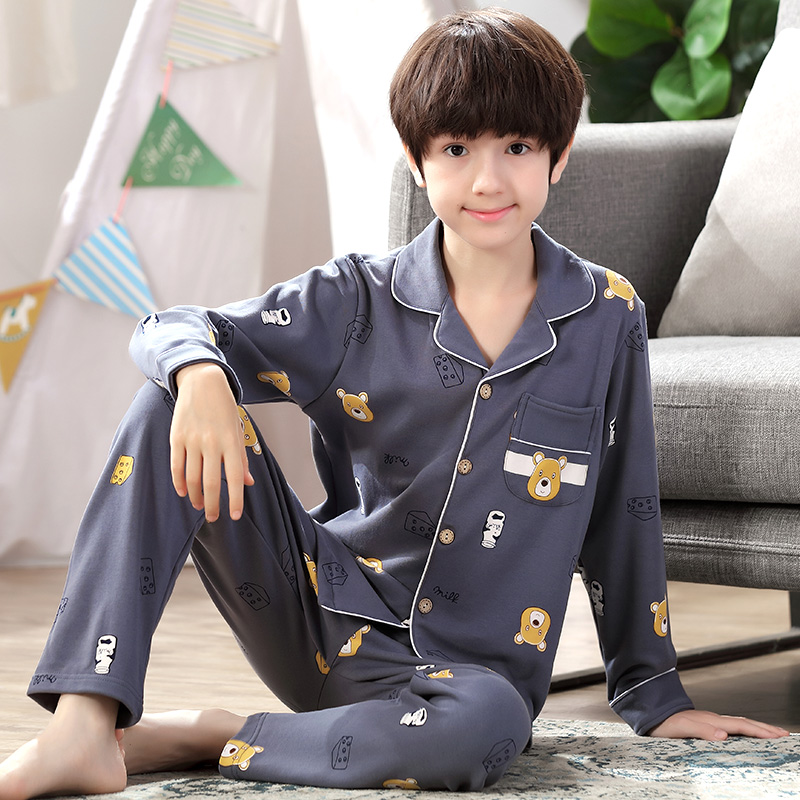 Youth pajamas boy spring and autumn junior high school students cotton 12 long sleeves 15-year-old boys autumn homewares