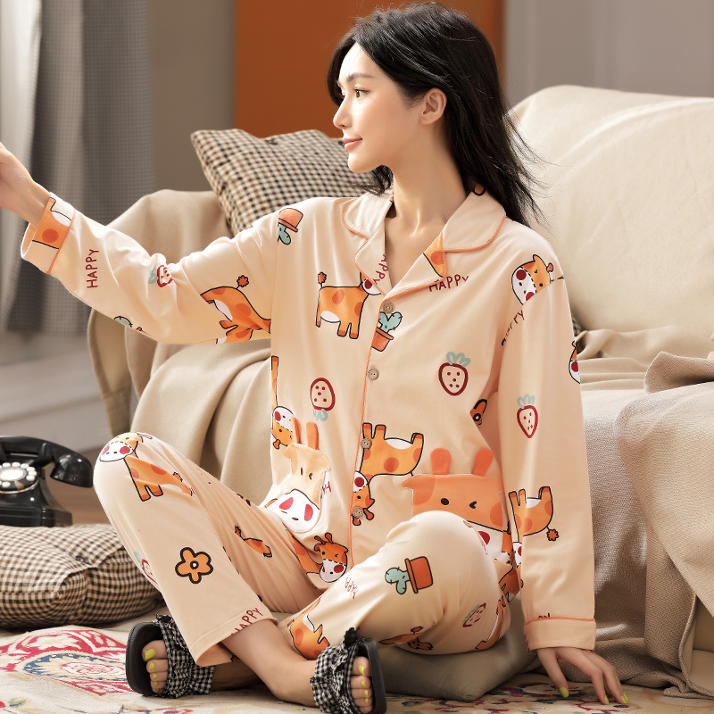 Spring Autumn Season Long Sleeve Pyjamas Lady Gats Increased Code Fat mm200 Jin Loose Student Autumn's Home Clothing Pure Cotton