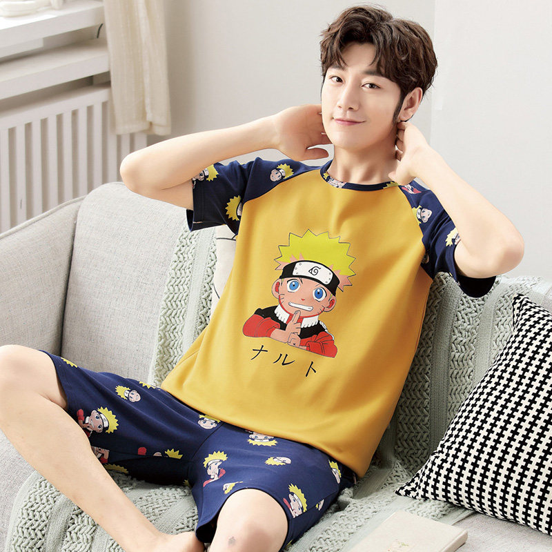 Teenage pajamas boys summer short-sleeved thin section junior high school students cotton middle-aged children's summer boys' home clothes