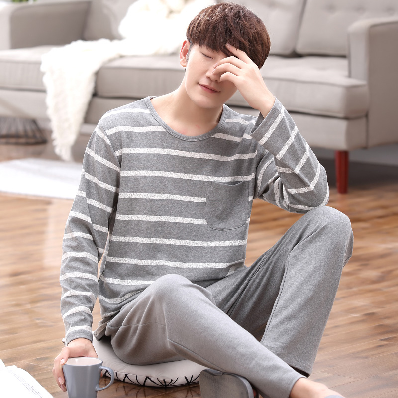Pajamas men's pure cotton long-sleeved spring and autumn models plus fat plus size middle-aged and elderly men's dad stripe autumn home clothes