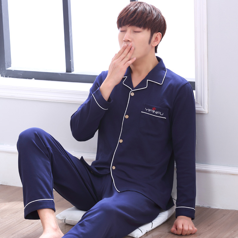 Sleepwear Male Spring Autumn Season Pure Cotton Long Sleeve Cartoon Teenager Junior High School Boy Autumn Winter Sky Thin boy's home clothes