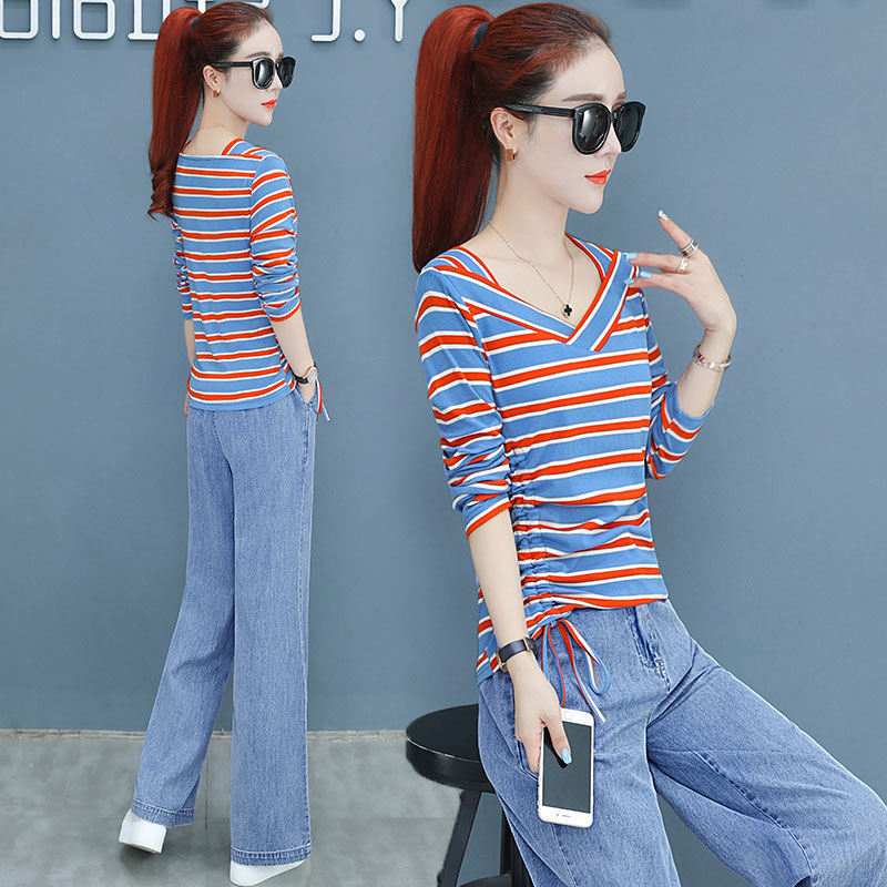 Striped T-shirt bottoming shirt ladies long sleeve ins2022 year new autumn and winter explosions V-neck explosions jacket