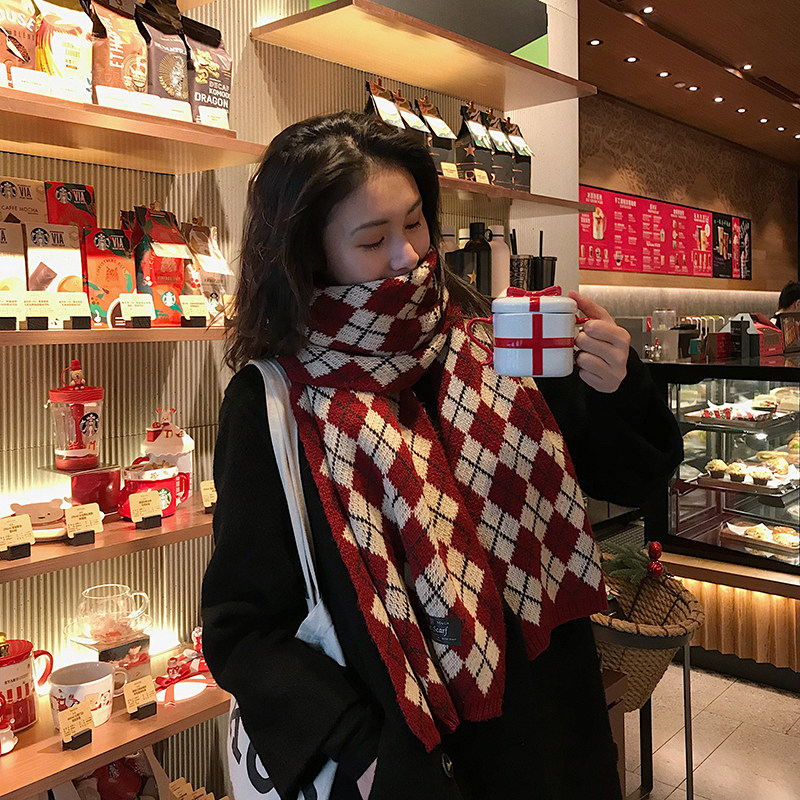 Nishimoto scarf female winter New Year plaid literary plaid couple wool scarf ins knitted couple models all-match