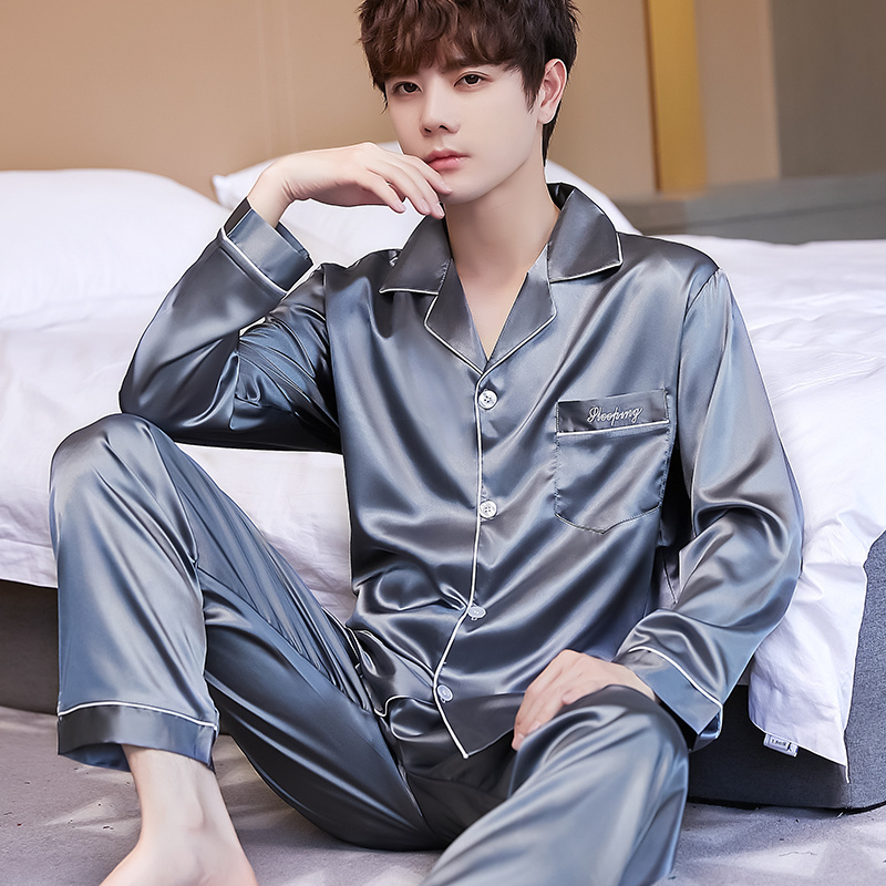 Pajamas for Men, Cool Spring and Summer Men's Ice Silk Pajamas, Long-Sleeved New Casual Home Wear, Large Size Suit That Can Be Worn Outside