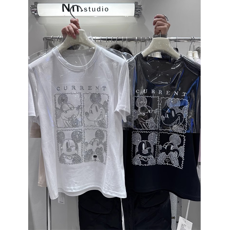 Pure Cotton Short-Sleeve T-Shirt for Women, 2026 Summer New Style, Niche Design, Heavy-Duty Rhinestone Embellishment, Four-Square Grid Mickey Top