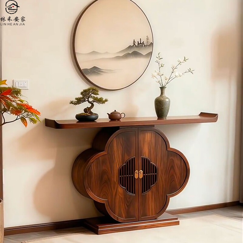 New Chinese-Style North American Black Walnut Petal-Shaped Entryway Cabinet with Song-Style Aesthetics, Raised-Top Entryway Table, Solid Wood Storage Cabinet