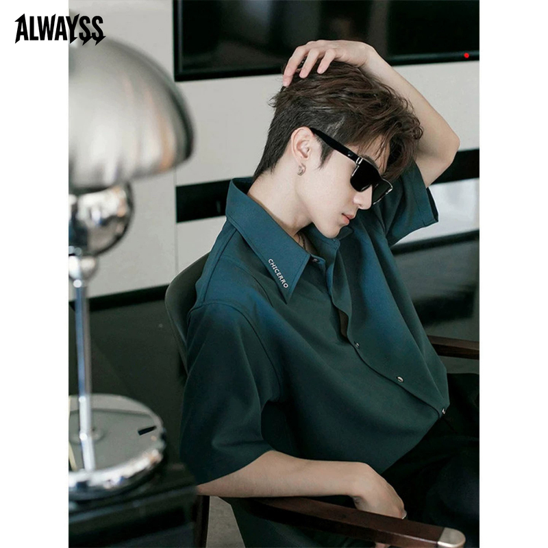Ice Silk Drapey Short-Sleeve Shirt for Men, Summer Thin Style with a High-End Feel, Stylish Embroidered Regular Shoulder Half-Sleeve Shirt, Casual Top