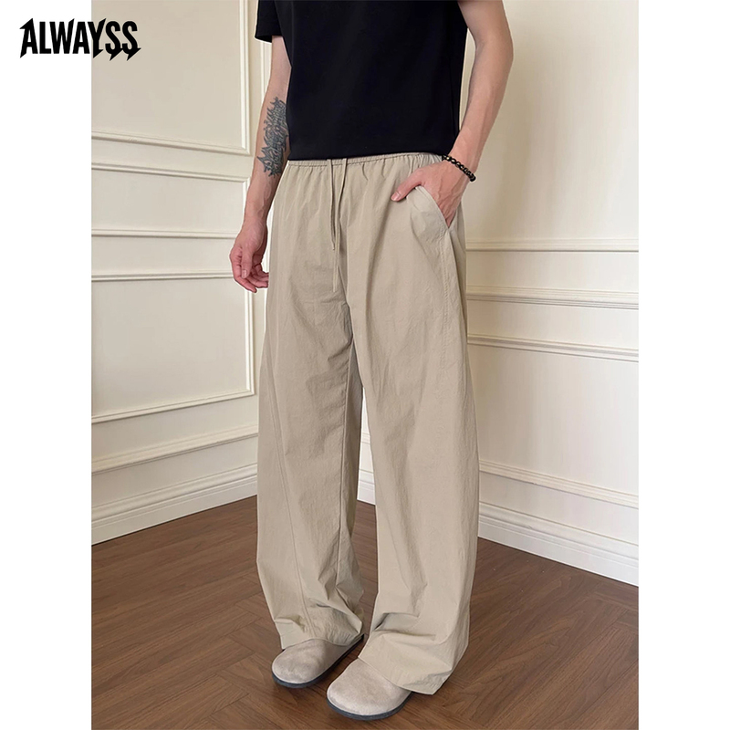 Khaki Ice Silk Pants for Men, Summer Thin Style, Old Money Style, Drapey, Loose Straight-Leg, Quick-Dry, Wide-Leg Pants