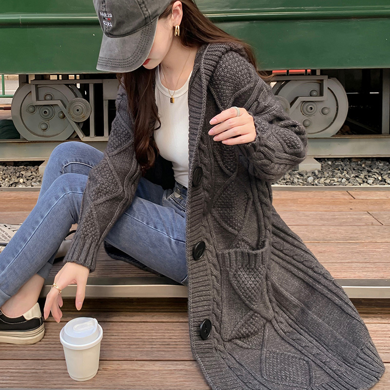 Wool Hooded Sweater Coat for Women, Cardigan, Mid-Length, Thickened, Autumn and Winter Knit, Loose, Plus Size, Casual, Thick Yarn Coat