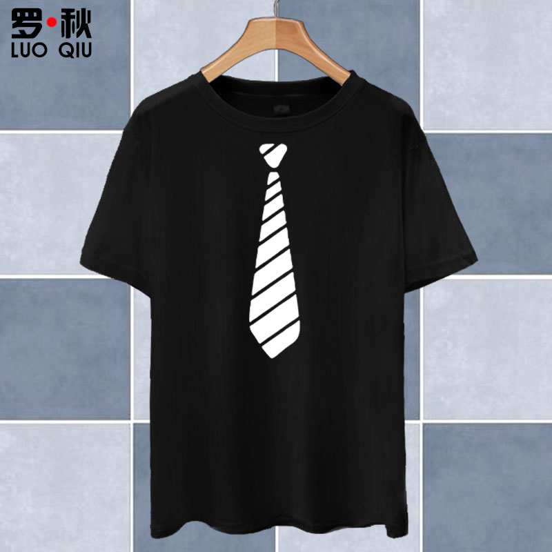 Fake Tie Printed Pattern New Style Personalized Small Bow Tie Short-Sleeved T-Shirt for Men and Women Half-Sleeved Pure Cotton Top