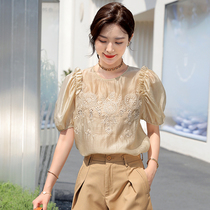 Bubble sleeve Tencel Shirt Women summer 2021 new short sleeve round neck shirt design sense temperament pullover top