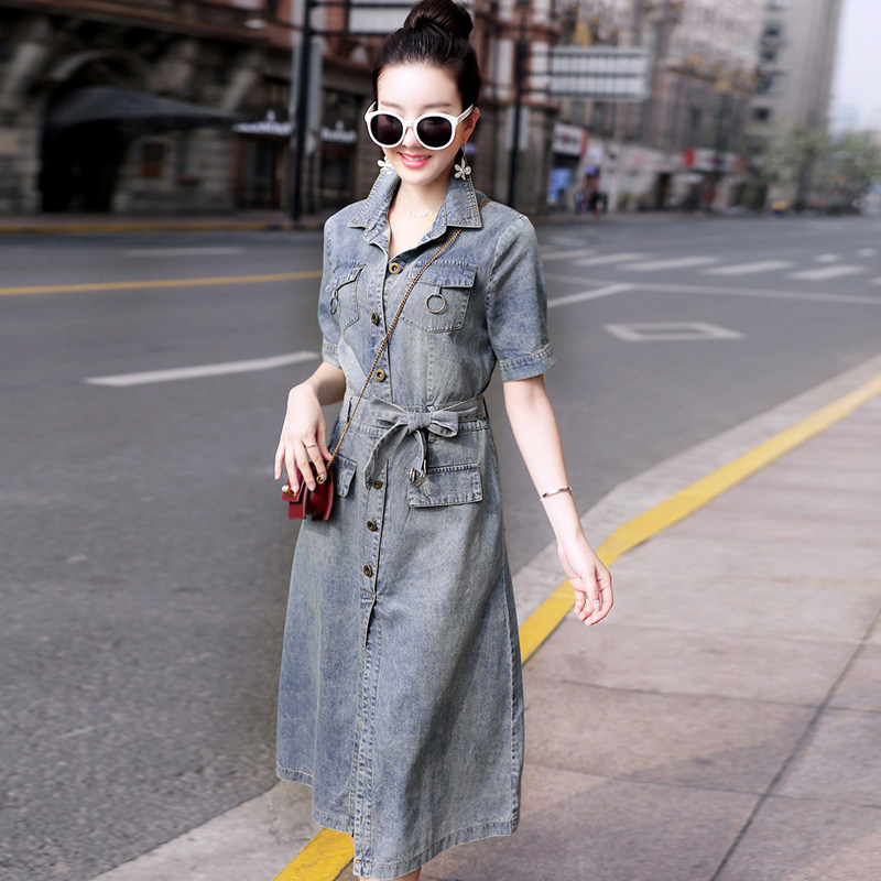 Denim short-sleeved dress women's spring and summer new 2022 temperament thin over-the-knee mid-length skirt with waist and thin a-line skirt