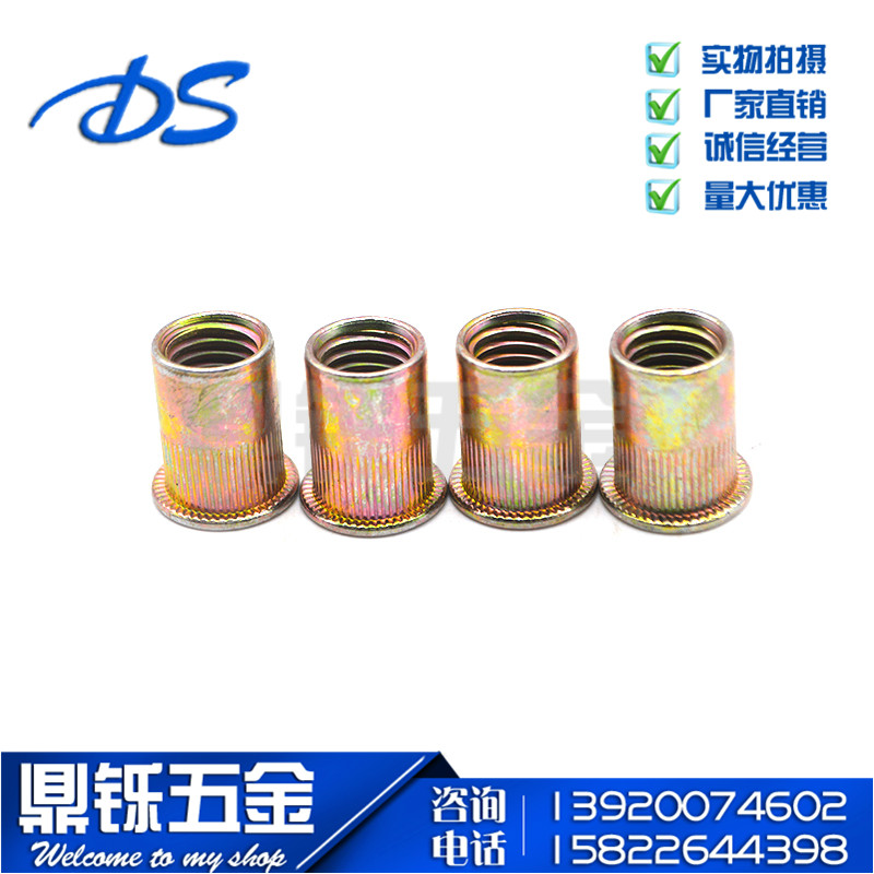 Cylindrical rivet nut Rivet nut Flat head column rivet nut Rivet cap Color zinc knurled rivet nut