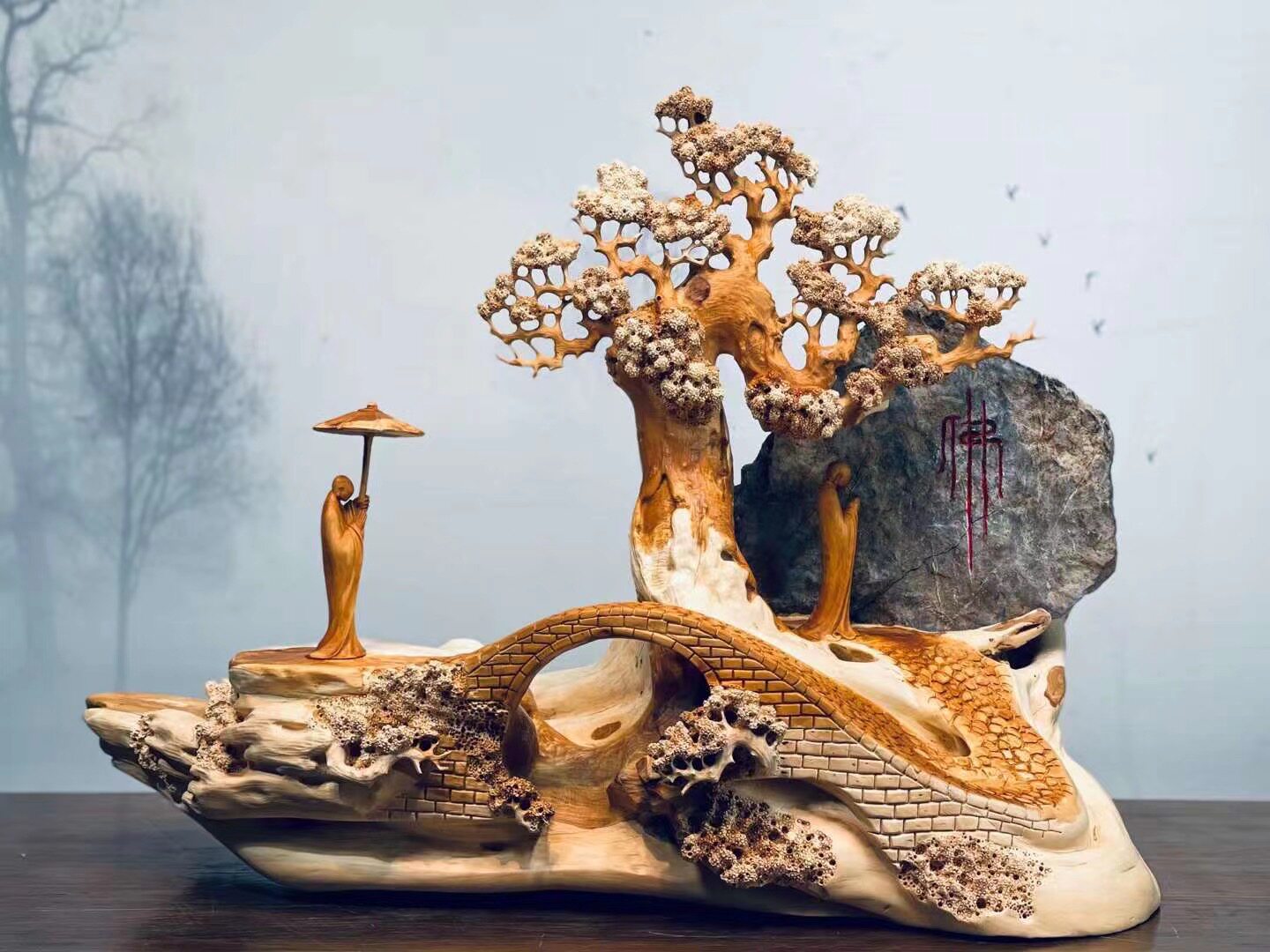 Cliff cypress root carving ornament gold silk nanmu carving home natural bouldering craft landscape flower and bird wood carving Buddha statue Bodhidharma