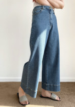 QINGLING Summer High Waist Display Slim Temperament Retro Day Department Washed Blue 80% Broadlegged Pants Small Subdenim Pants Woman
