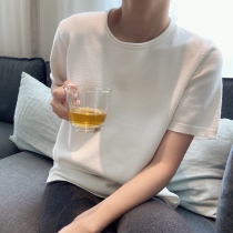 QINGLING Jane about trendy 100 lap cute lady yarn cotton knit inside a light purple round collar short sleeve T-shirt woman