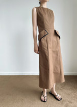 QINGLING Summer Minimum Line Line Round pocket temperament caramel brown collar sleeveless dress woman