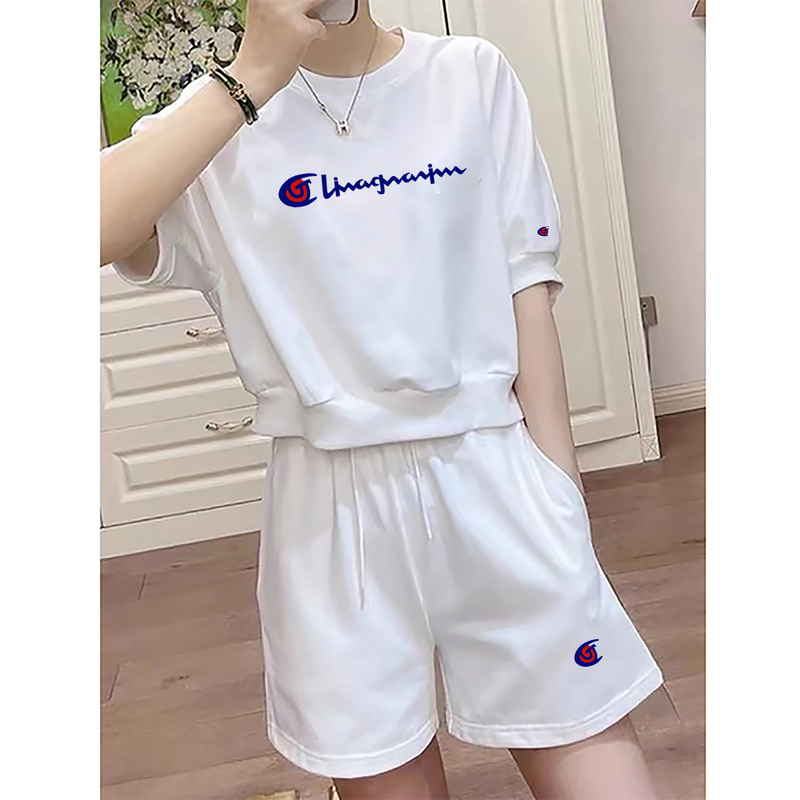 Japanese Version of the European Champion Authentic Summer New Short-Sleeved Shorts Two-Piece Set for Women, Pure Cotton Sports Casual Thin T-Shirt