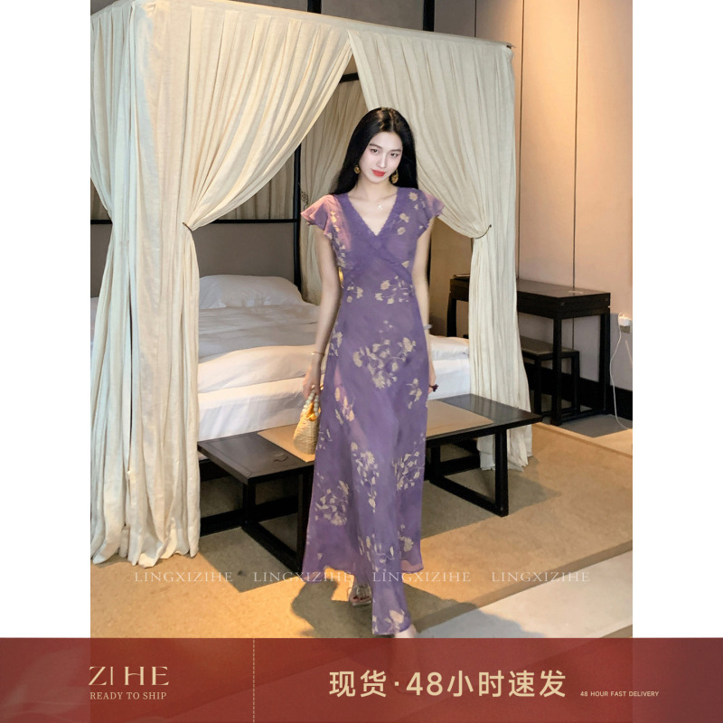 Lingqian Zihhe Evening Purple Flower Garden' French-Style Purple Floral Short-Sleeve Dress for Women, Summer Lace Cinched Waist Long Dress Lingqian Zihhe Evening Purple Flower Garden' French-Style Purple Floral Short-Sleeve Dress for Women, Summer Lace Cinched Waist Long Dress