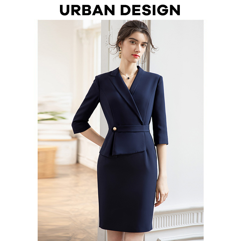 Ud Navy Blue High-End Suit Dress Spring and Autumn Three-Quarter Sleeve Workwear Slim Fit Elegant Sales Department Professional Formal Wear