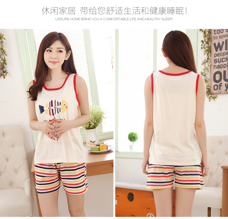 Mùa hè đồ ngủ nữ vest quần short cotton kích thước lớn phù hợp với ngắn tay dịch vụ nhà không tay mỏng đồ ngủ cô gái mùa thu